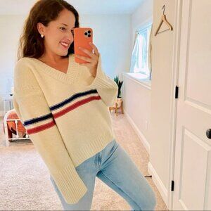 TOMORROWLAND Cream Blue Red Striped Wool V Neck Sweater Small